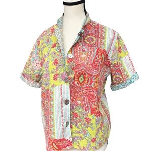 Handmade Reversible Paisley Boho Patchwork Button Top Short Sleeve Medium Fit